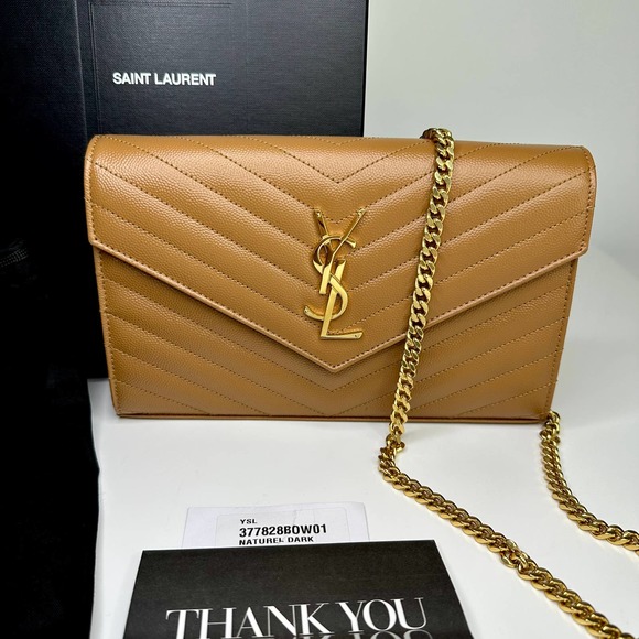 YSL Saint Laurent Monogramme Large Grain de Poudre Wallet on Chain Purse Brown - Picture 4 of 12